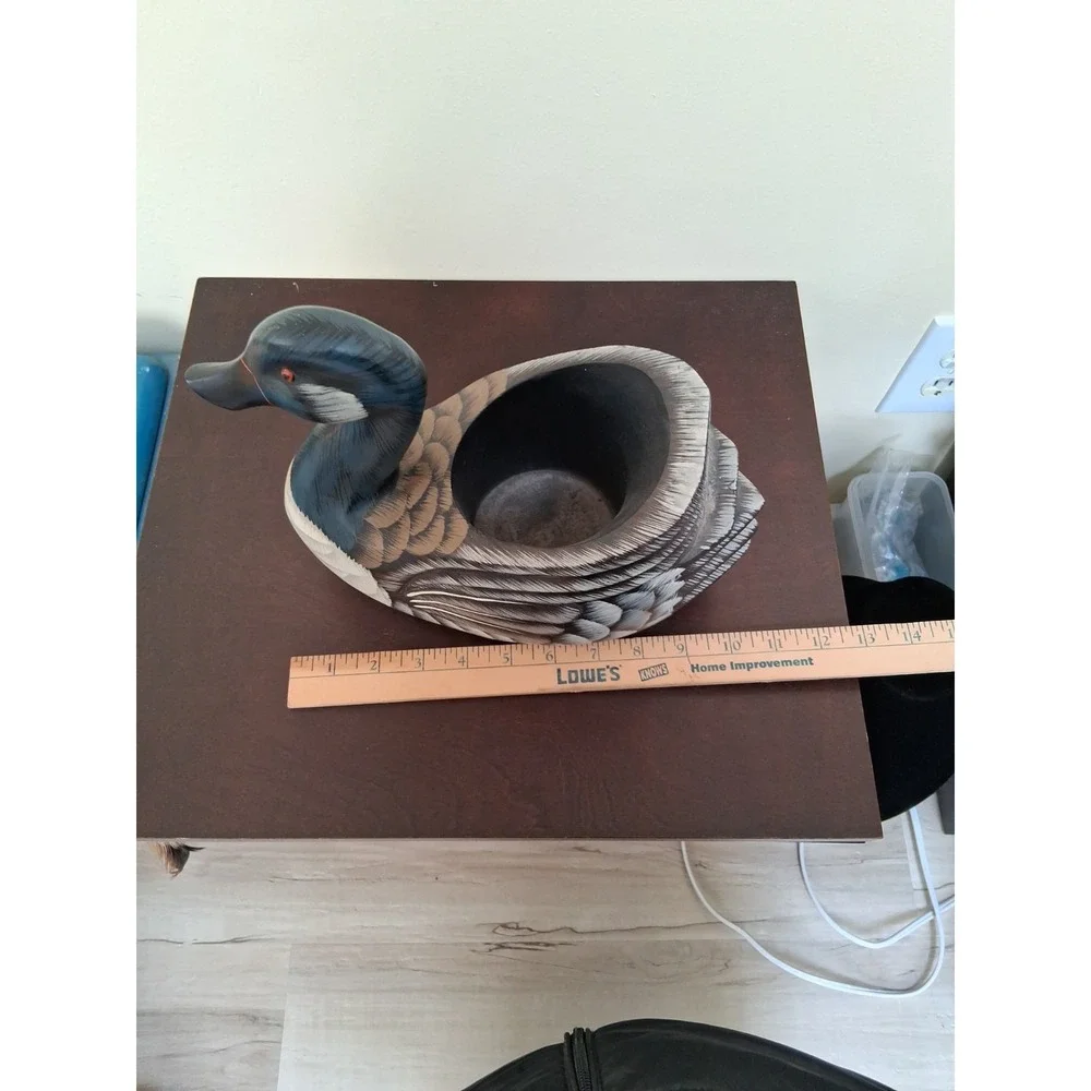 Vintage Large Hand Carved Wooden Duck Bowl Planter Basket Hand Painted A Beauty